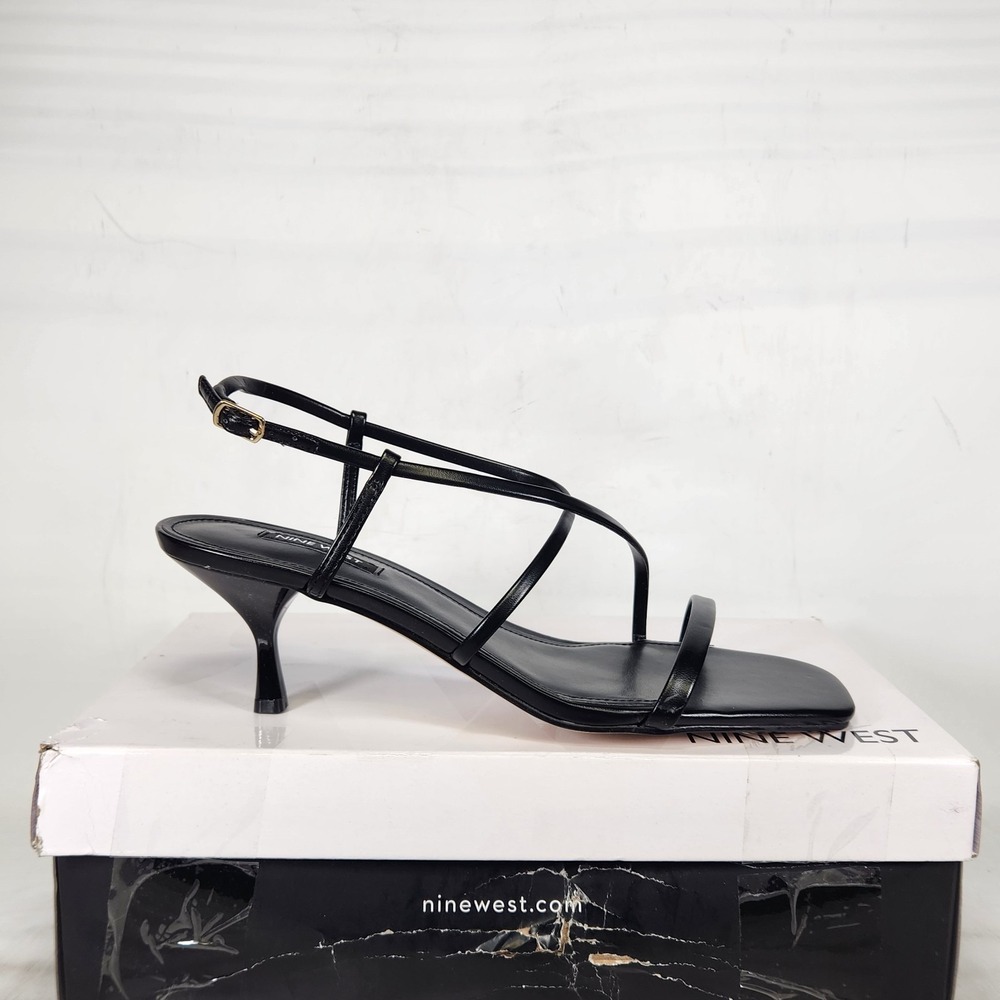 Nine West Sandals Women Size 9.5 Black Strappy Kitten Heel Square Toe Haya3